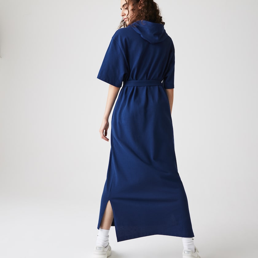 Women's Lacoste Navy Blue Polo Dress Oversized Hooded Organic Cotton Piqué PI0-86778D6