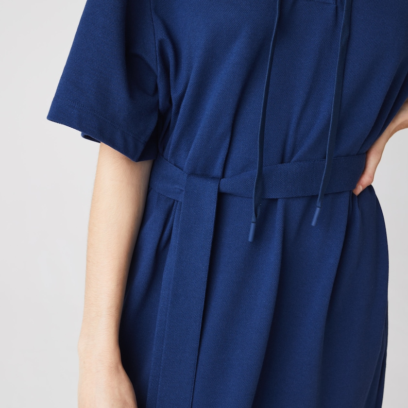 Women's Lacoste Navy Blue Polo Dress Oversized Hooded Organic Cotton Piqué PI0-86778D6