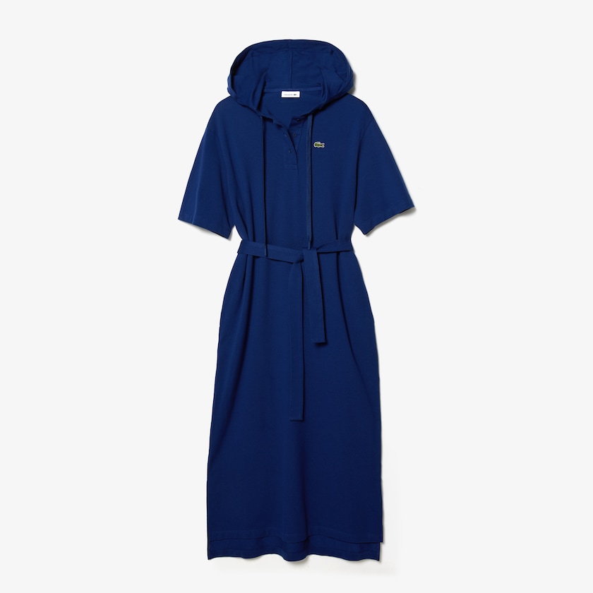 Women's Lacoste Navy Blue Polo Dress Oversized Hooded Organic Cotton Piqué PI0-86778D6
