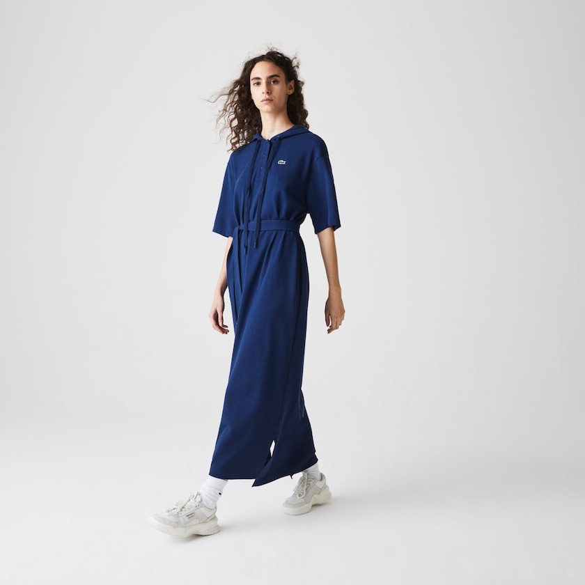 Women's Lacoste Navy Blue Polo Dress Oversized Hooded Organic Cotton Piqué PI0-86778D6
