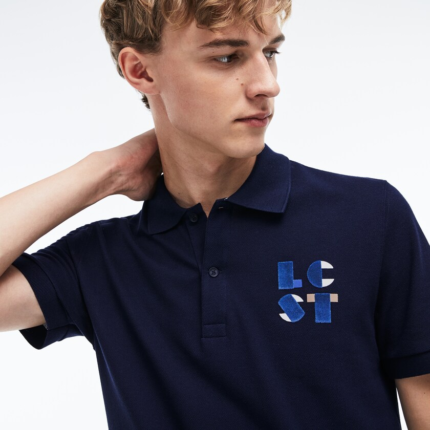 Men's Lacoste Navy Blue Polo Shirts Regular Fit LCST Lettering Petit Piqué SA9-31243T5