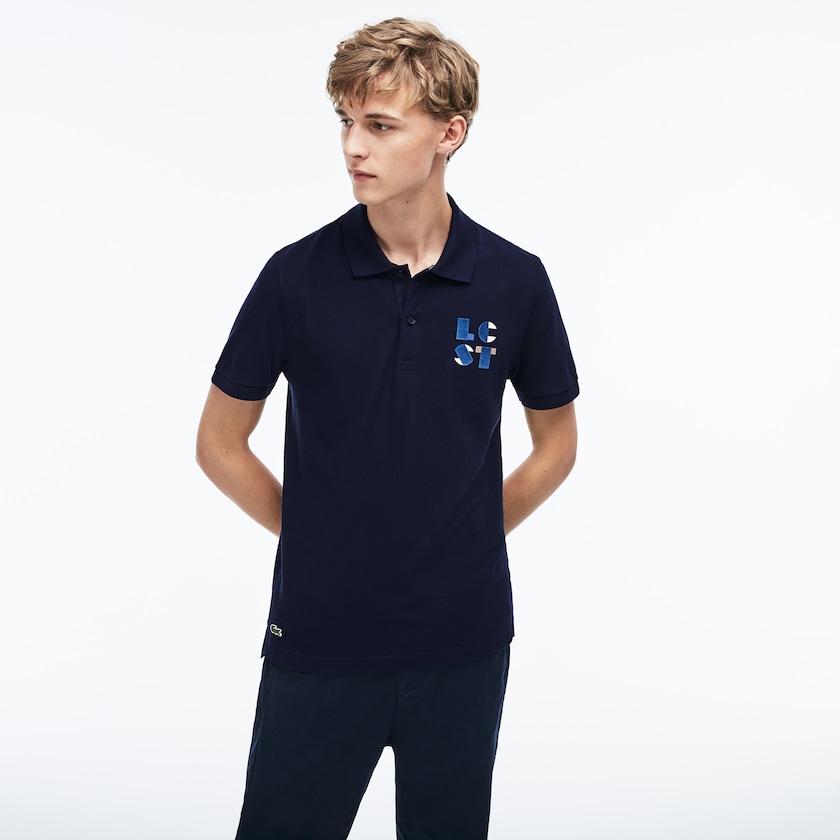 Men's Lacoste Navy Blue Polo Shirts Regular Fit LCST Lettering Petit Piqué SA9-31243T5
