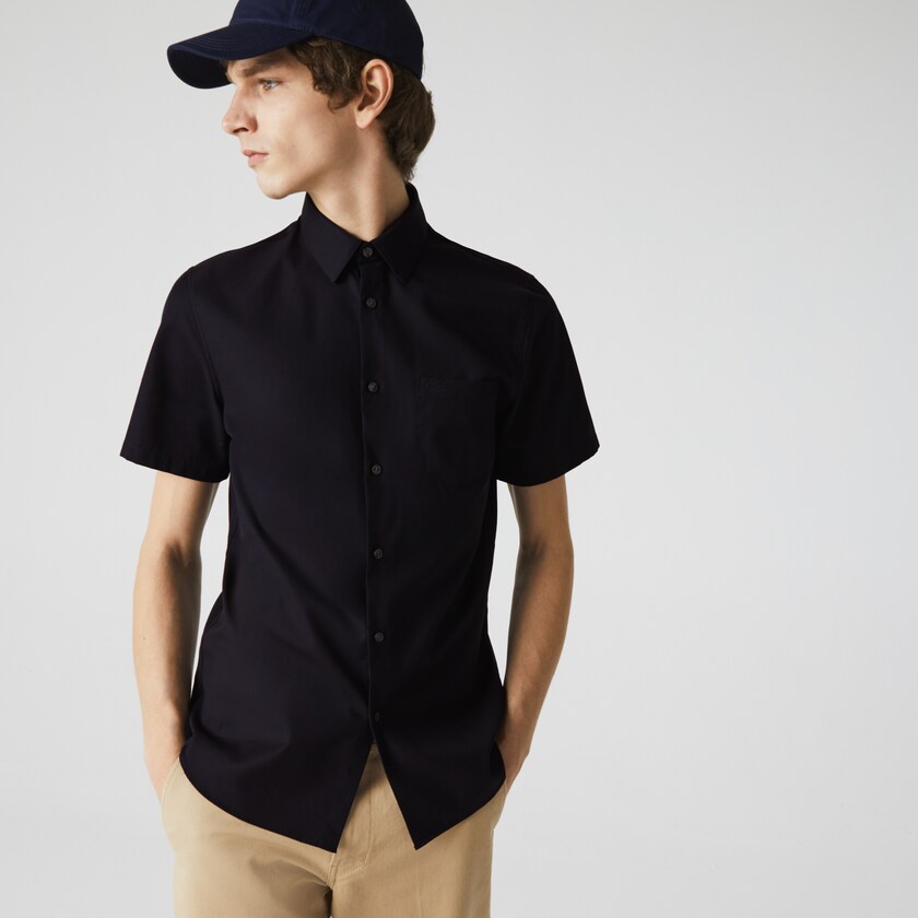 Men's Lacoste Navy Blue Shirts Regular Fit Textured Cotton Poplin WP7-78787U3