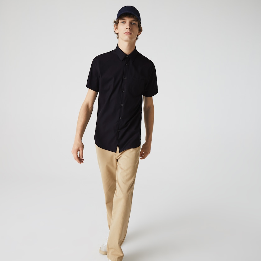 Men's Lacoste Navy Blue Shirts Regular Fit Textured Cotton Poplin WP7-78787U3