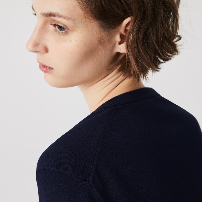 Women's Lacoste Navy Blue Sweaters Relaxed V-Neck Organic Cotton UT1-39583P6