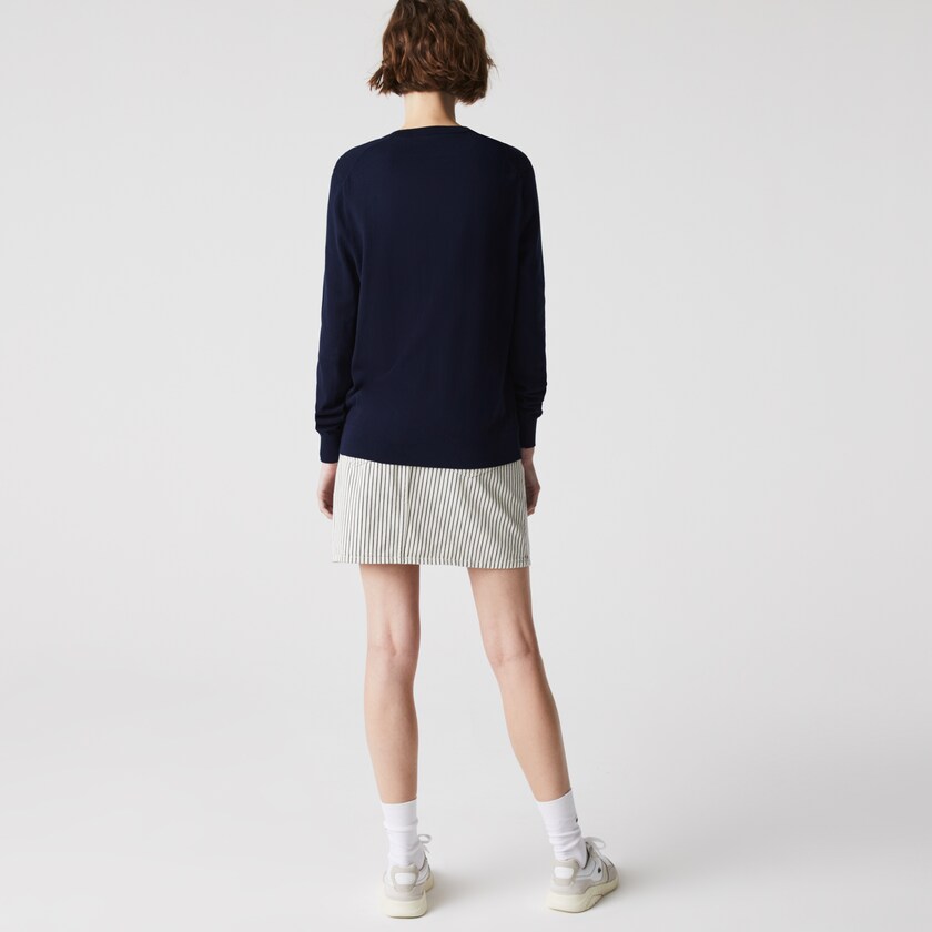 Women's Lacoste Navy Blue Sweaters Relaxed V-Neck Organic Cotton UT1-39583P6