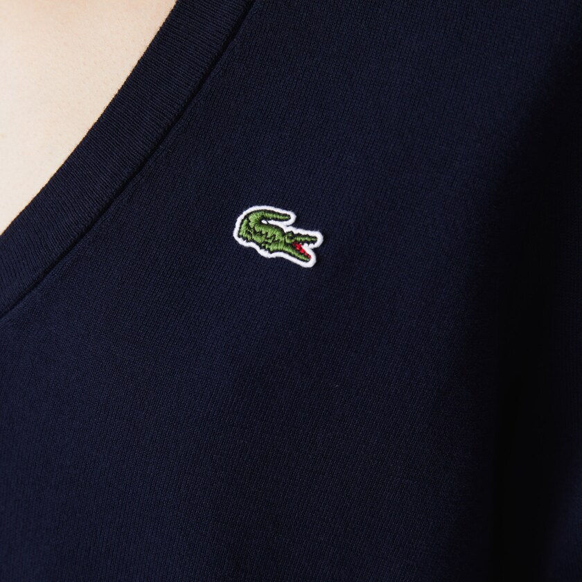 Women's Lacoste Navy Blue Sweaters Relaxed V-Neck Organic Cotton UT1-39583P6
