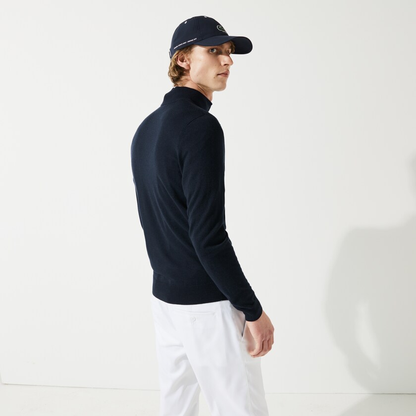 Men's Lacoste Navy Blue Sweaters SPORT Solid Breathable Knit Zip Collar Golf HI0-73807T8