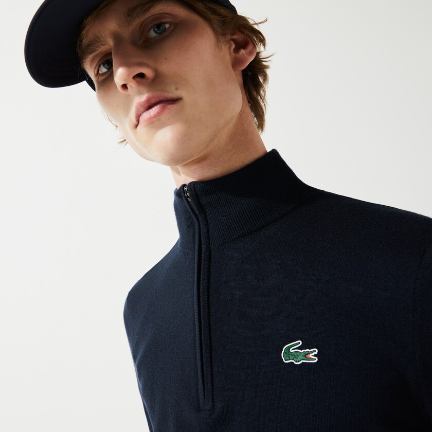 Men's Lacoste Navy Blue Sweaters SPORT Solid Breathable Knit Zip Collar Golf HI0-73807T8