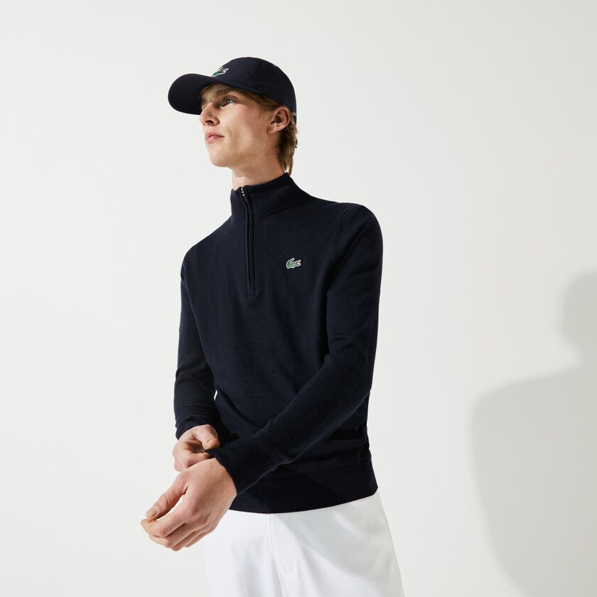 Men's Lacoste Navy Blue Sweaters SPORT Solid Breathable Knit Zip Collar Golf HI0-73807T8