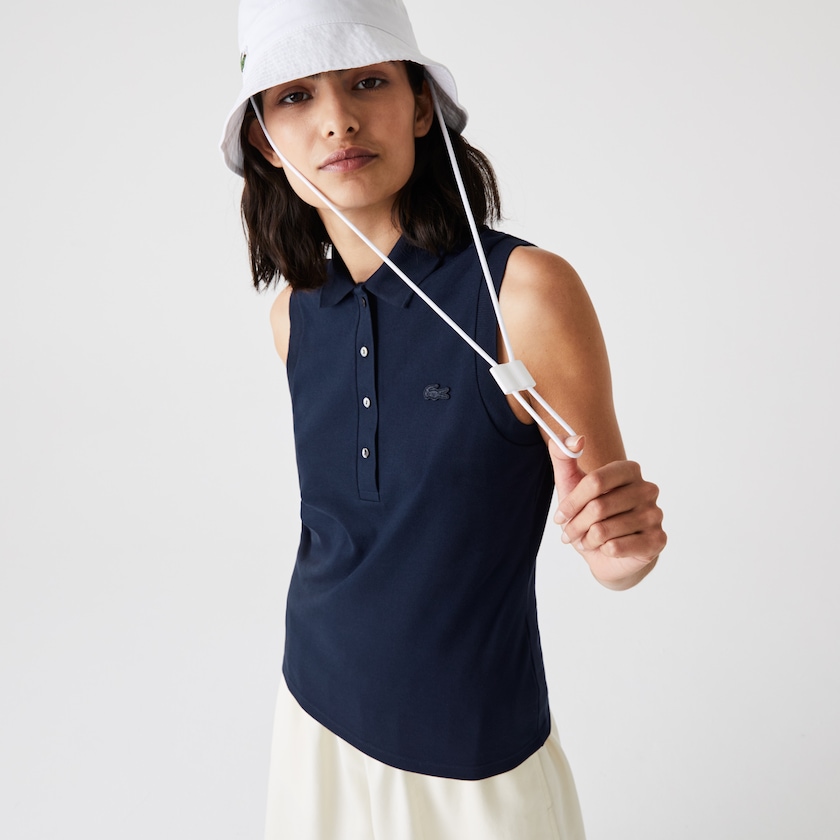 Women's Lacoste Navy Blue Polo Shirts Sleeveless Cotton Piqué TE2-17931L1
