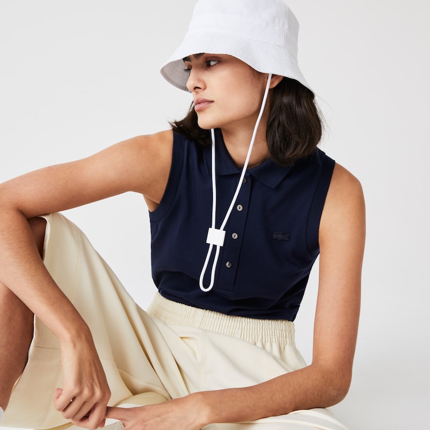 Women's Lacoste Navy Blue Polo Shirts Sleeveless Cotton Piqué TE2-17931L1