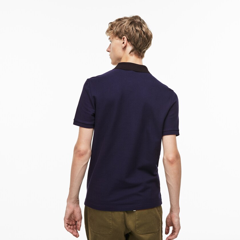 Men's Lacoste Navy Blue Shirts Slim Fit Colourblock Striped Knop Piqué Polo PN3-08960G3