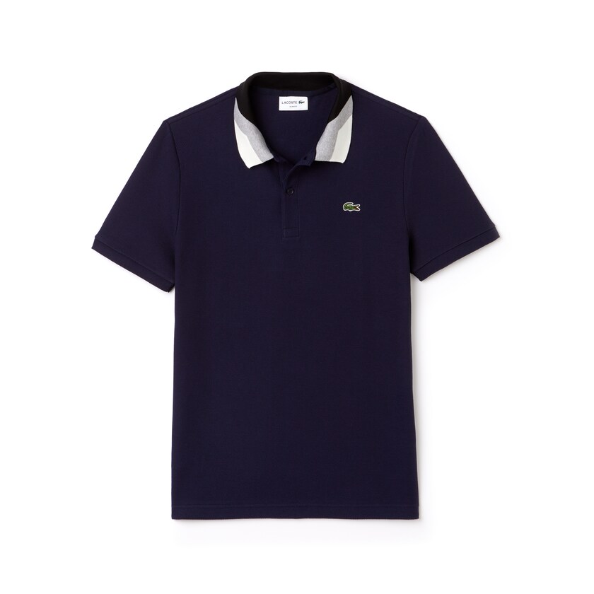 Men's Lacoste Navy Blue Shirts Slim Fit Colourblock Striped Knop Piqué Polo PN3-08960G3