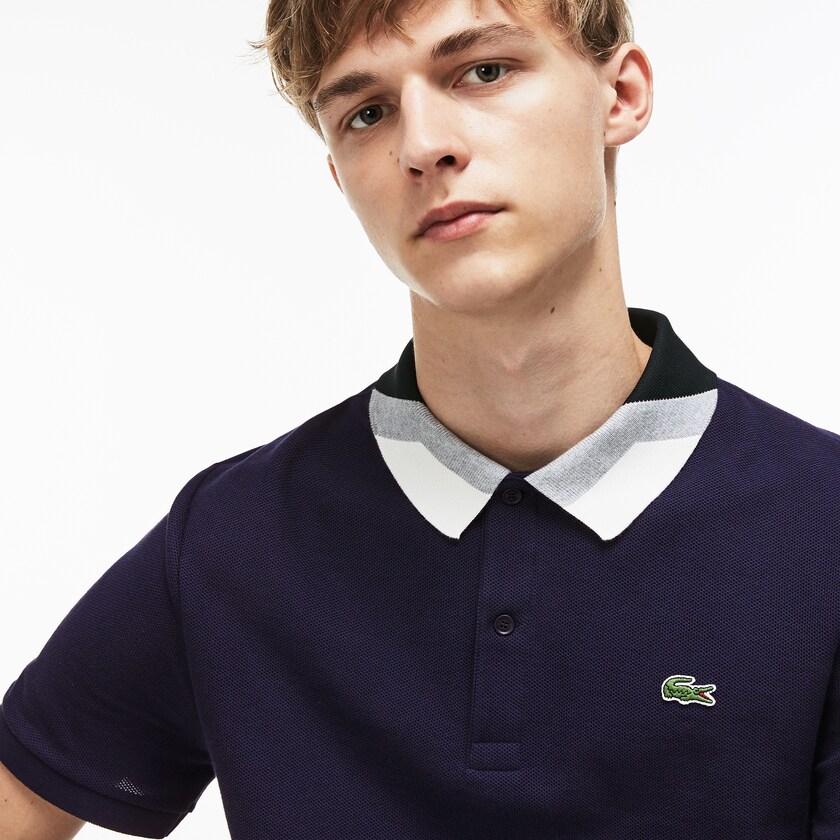 Men's Lacoste Navy Blue Shirts Slim Fit Colourblock Striped Knop Piqué Polo PN3-08960G3