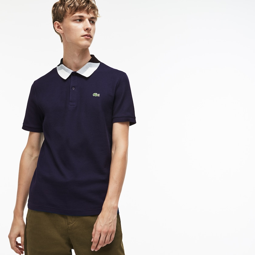 Men's Lacoste Navy Blue Shirts Slim Fit Colourblock Striped Knop Piqué Polo PN3-08960G3