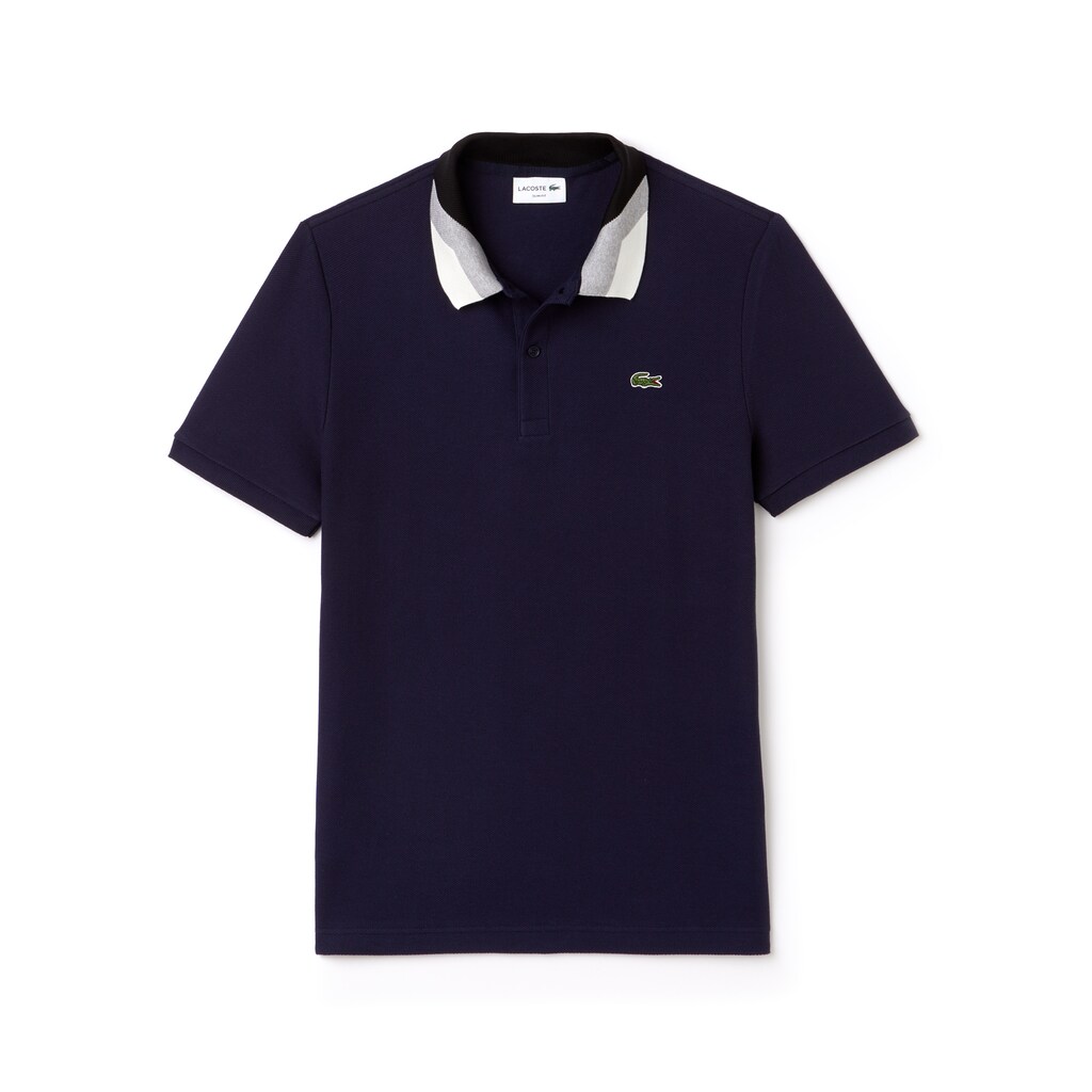 Men's Lacoste Navy Blue Polo Shirts Slim Fit Colourblock Striped Knop Piqué VL8-45994Y4