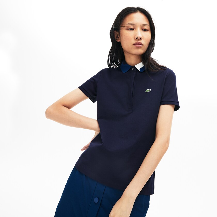 Women's Lacoste Navy Blue Polo Shirts Slim Fit Stretch Piqué FV7-29992W3
