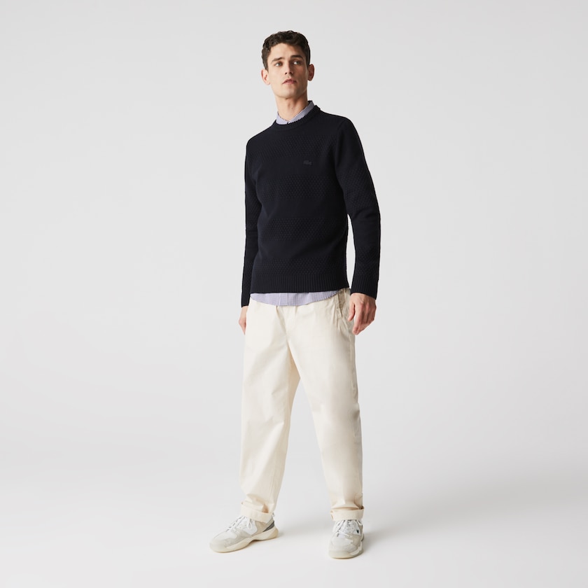 Men's Lacoste Navy Blue Sweaters Textured Striped Wool-Blend LF1-40304O1