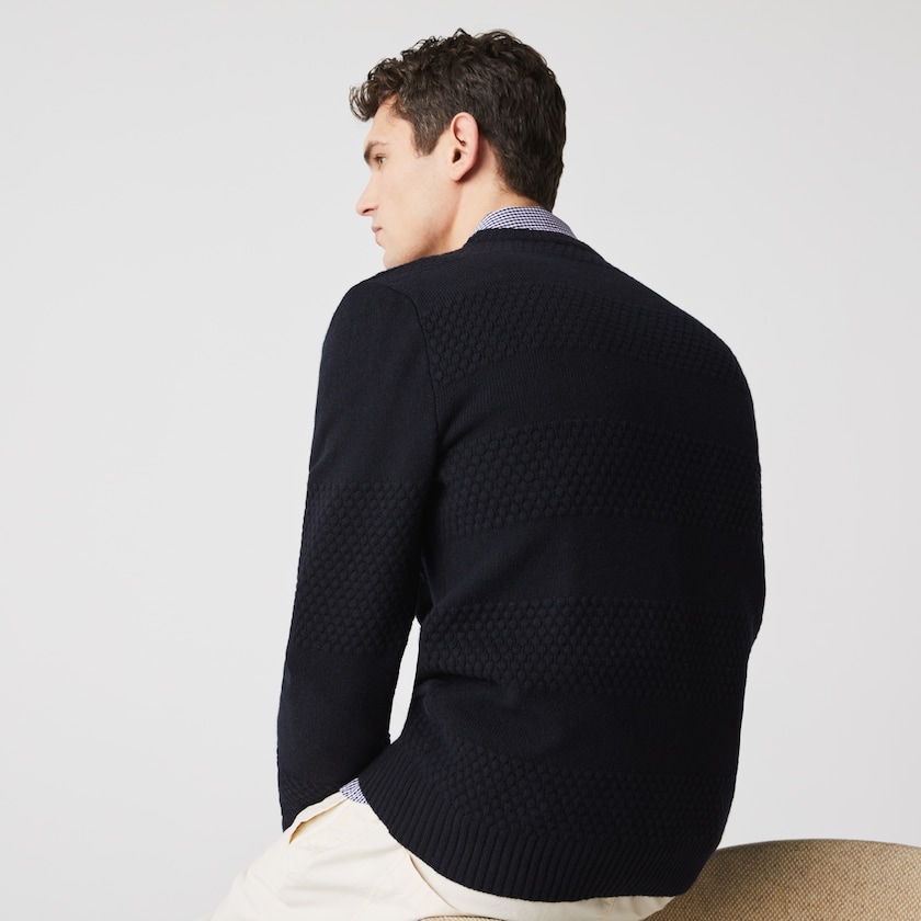 Men's Lacoste Navy Blue Sweaters Textured Striped Wool-Blend LF1-40304O1