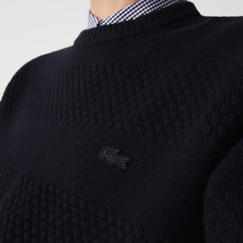 Men's Lacoste Navy Blue Sweaters Textured Striped Wool-Blend LF1-40304O1