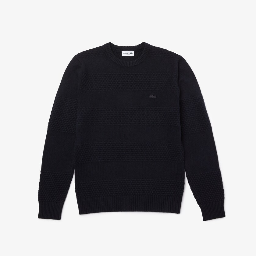 Men's Lacoste Navy Blue Sweaters Textured Striped Wool-Blend LF1-40304O1