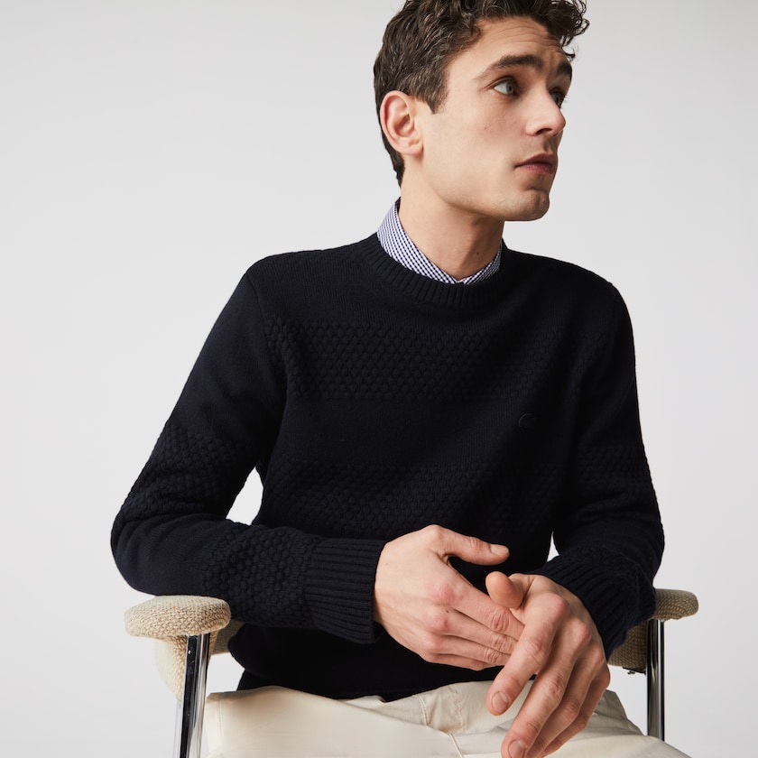 Men's Lacoste Navy Blue Sweaters Textured Striped Wool-Blend LF1-40304O1
