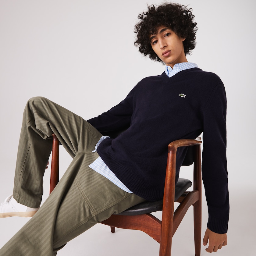 Men's Lacoste Navy Blue Sweaters V-Neck Wool XC9-83678E2