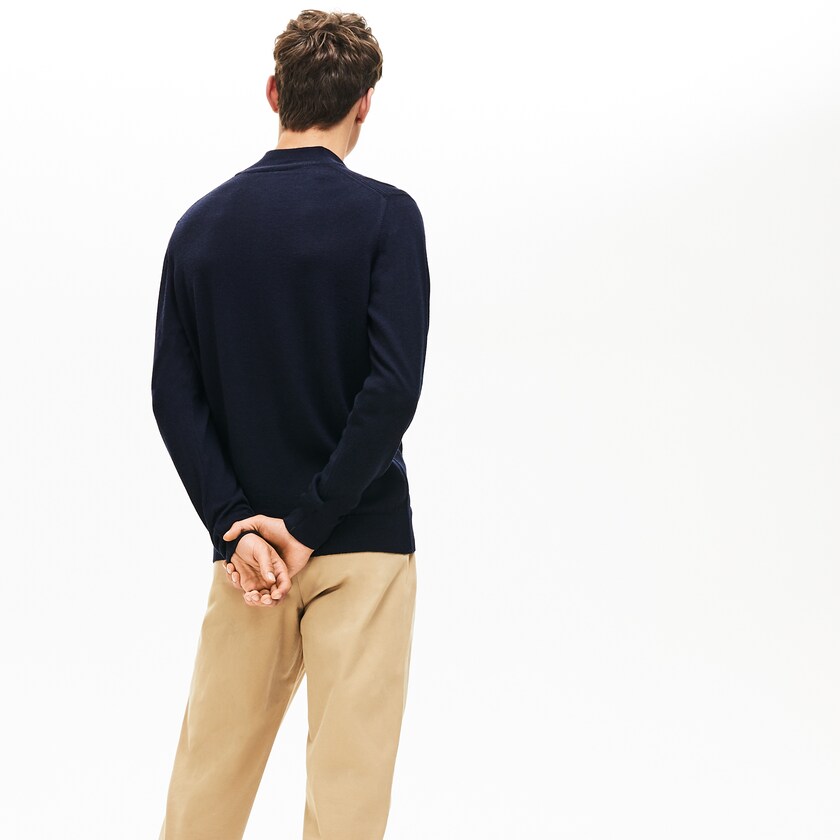 Men's Lacoste Navy Blue Sweaters Zippered Stand-Up Collar Wool Jersey RX9-48824L1