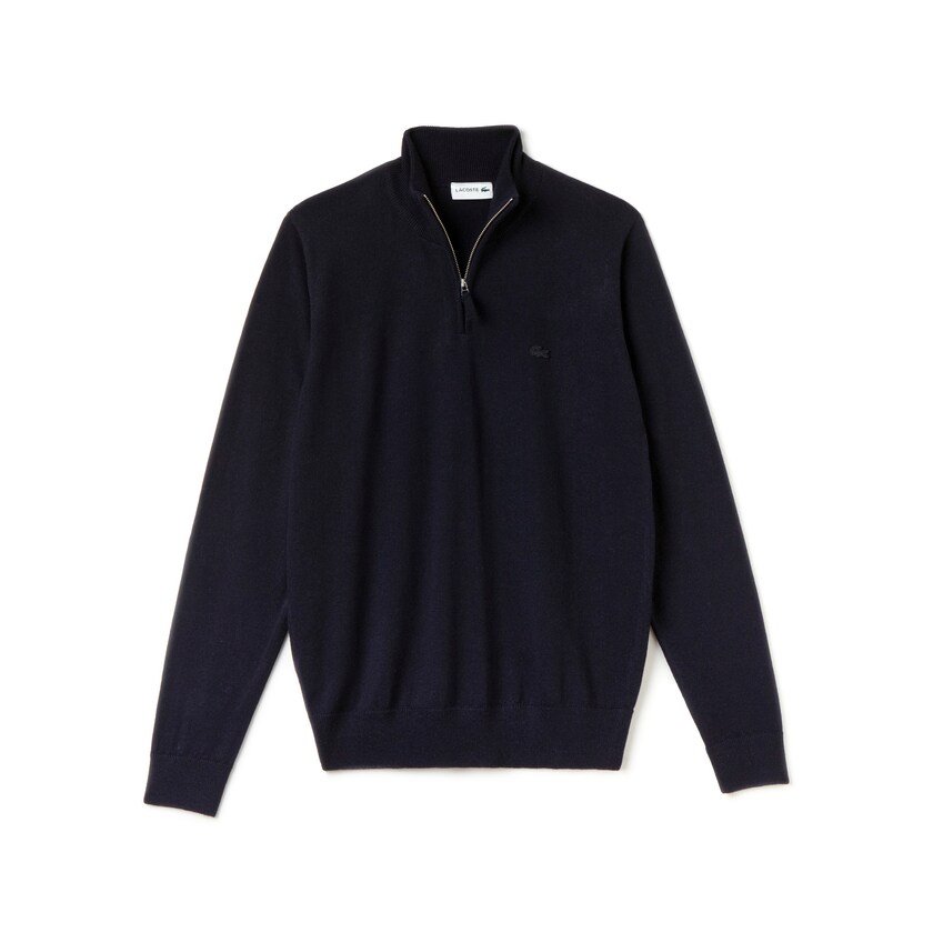 Men's Lacoste Navy Blue Sweaters Zippered Stand-Up Collar Wool Jersey RX9-48824L1