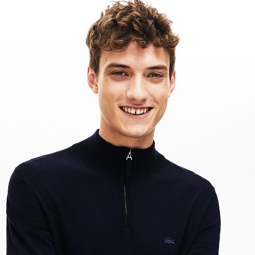 Men's Lacoste Navy Blue Sweaters Zippered Stand-Up Collar Wool Jersey RX9-48824L1