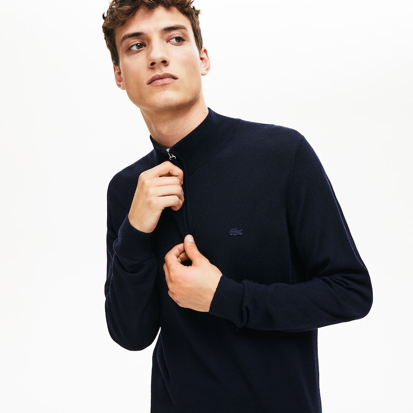 Men's Lacoste Navy Blue Sweaters Zippered Stand-Up Collar Wool Jersey RX9-48824L1
