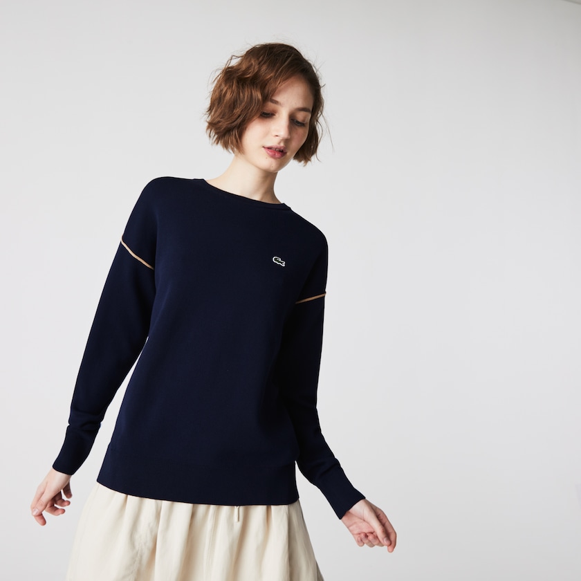 Women's Lacoste Navy Blue / Beige Sweaters Crewneck Cotton WE6-90289F5