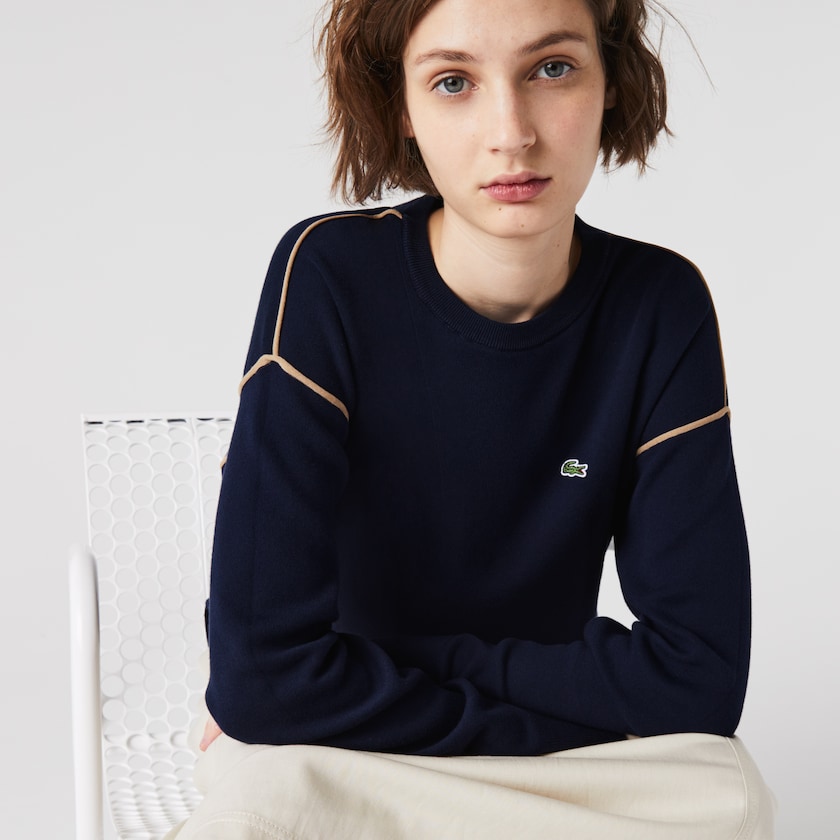 Women's Lacoste Navy Blue / Beige Sweaters Crewneck Cotton WE6-90289F5