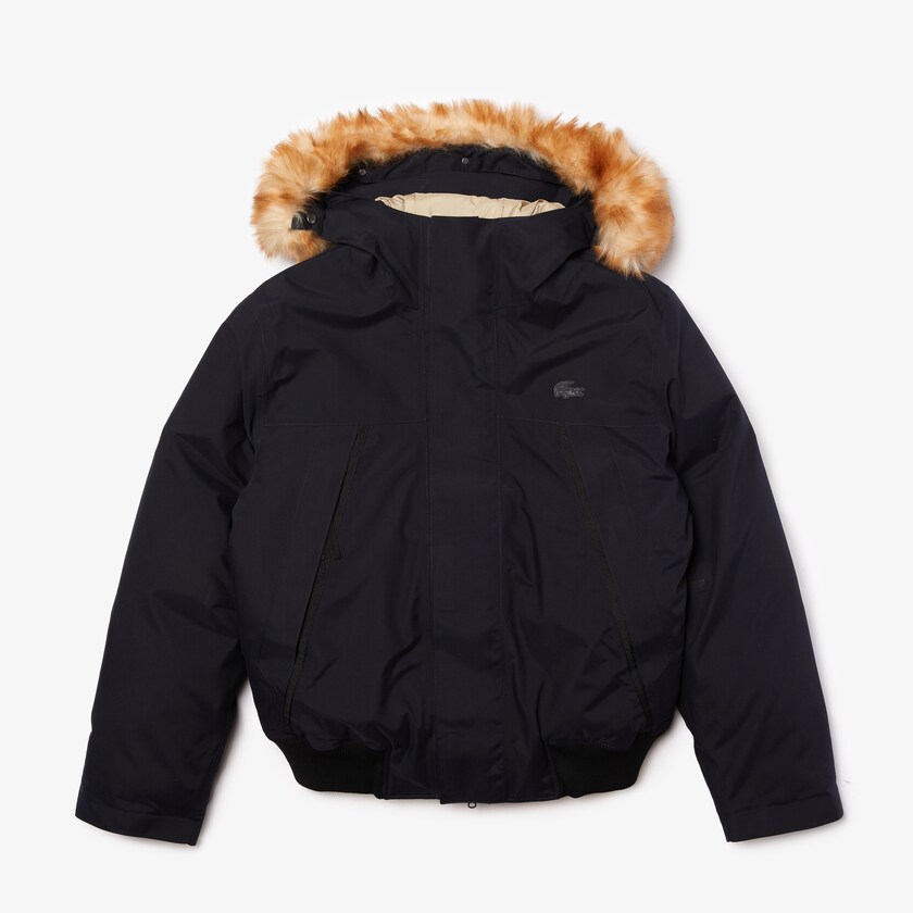 Men's Lacoste Navy Blue / Beige Parka Jackets Short Water-Resistant Quilted Hooded FJ9-52835R2