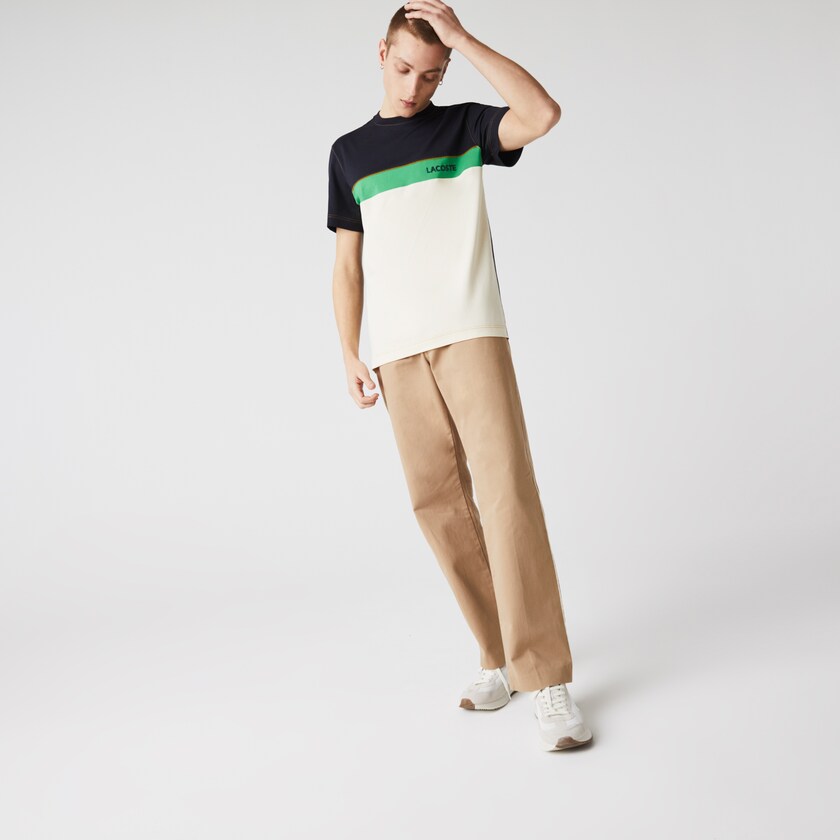 Men's Lacoste Navy Blue / Beige / Green T Shirts Crewneck Colorblock Cotton DP2-03660T4