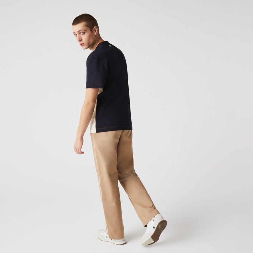 Men's Lacoste Navy Blue / Beige / Green T Shirts Crewneck Colorblock Cotton DP2-03660T4