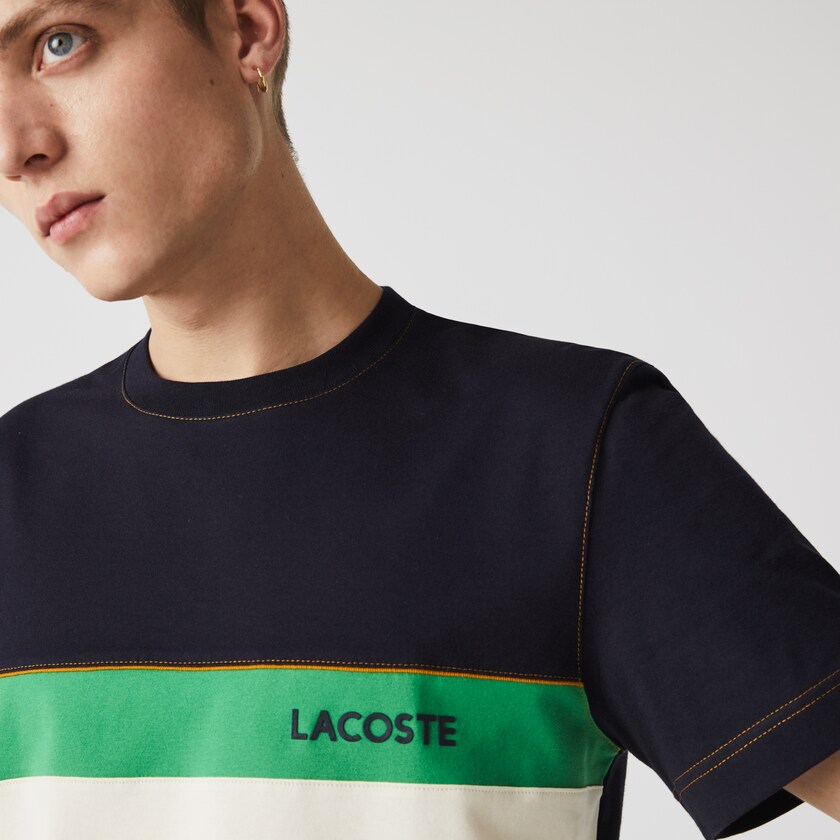 Men's Lacoste Navy Blue / Beige / Green T Shirts Crewneck Colorblock Cotton DP2-03660T4