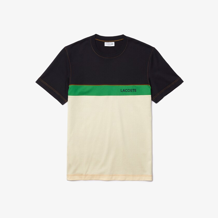 Men's Lacoste Navy Blue / Beige / Green T Shirts Crewneck Colorblock Cotton DP2-03660T4