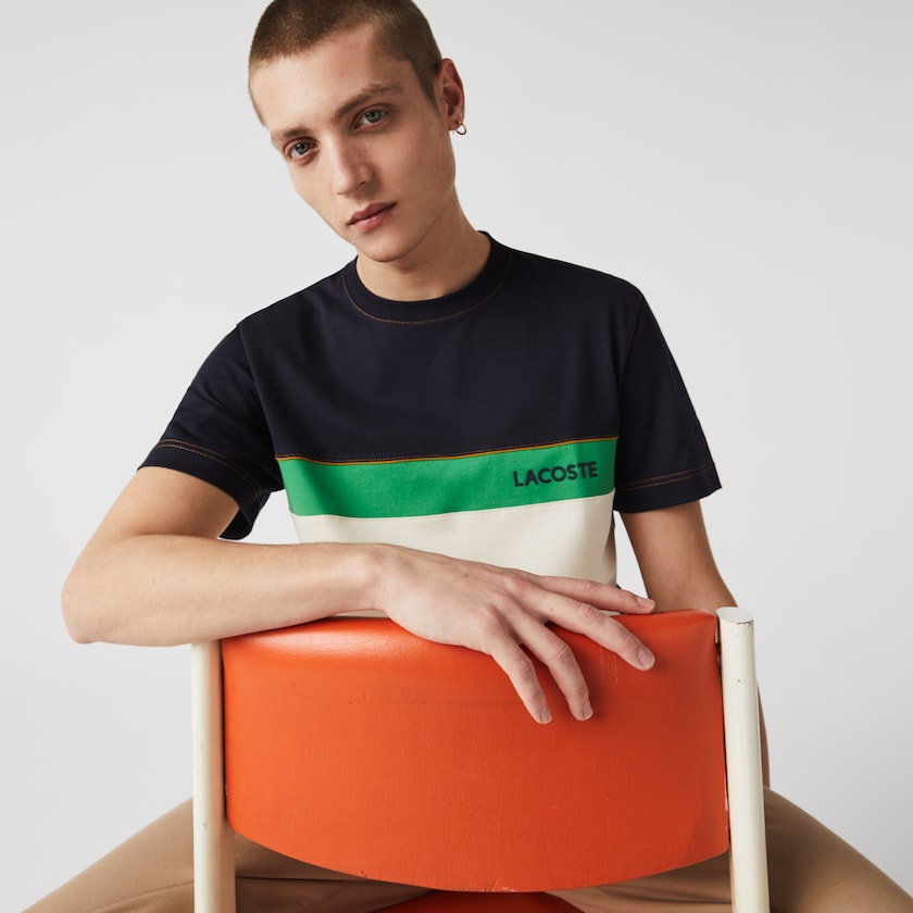 Men's Lacoste Navy Blue / Beige / Green T Shirts Crewneck Colorblock Cotton DP2-03660T4