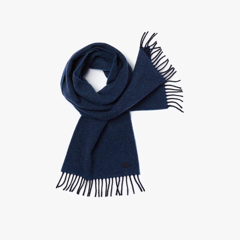 Men's Lacoste Navy Blue / Blue Scarves Fringed Rectangular Wool HX2-57365R7