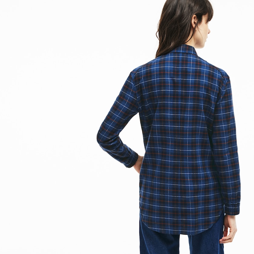 Women's Lacoste Navy Blue / Blue Shirts Slim Fit Stretch Check Cotton Canvas DV4-83888U2
