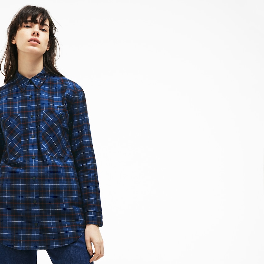 Women's Lacoste Navy Blue / Blue Shirts Slim Fit Stretch Check Cotton Canvas DV4-83888U2