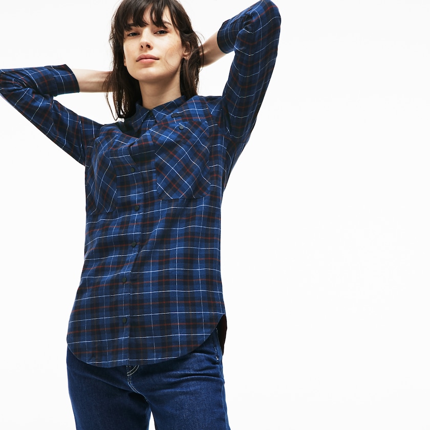 Women's Lacoste Navy Blue / Blue Shirts Slim Fit Stretch Check Cotton Canvas DV4-83888U2