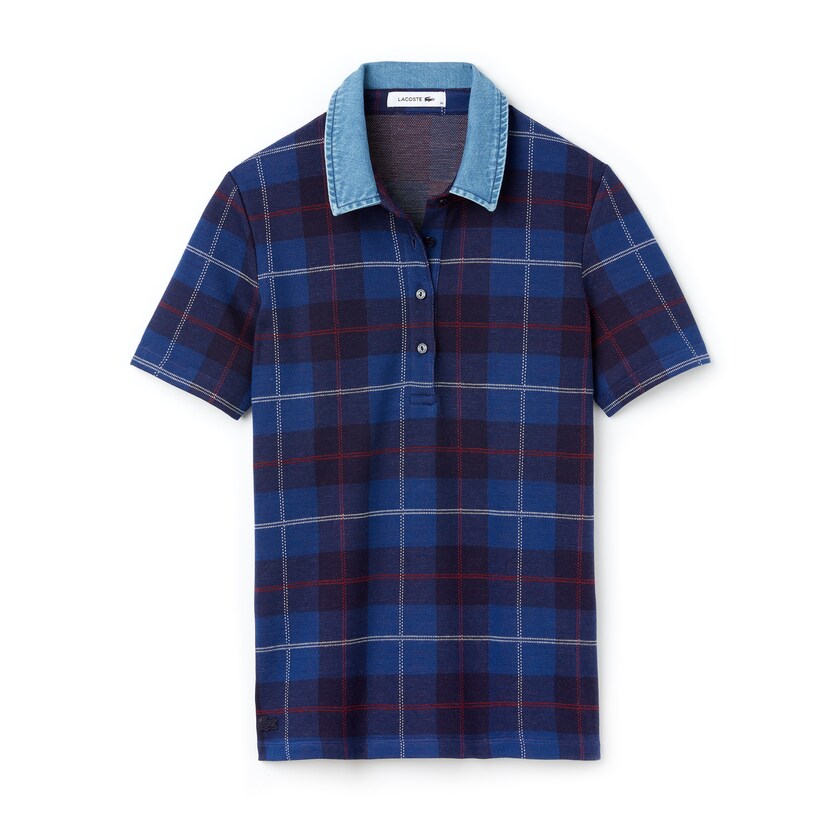 Women's Lacoste Navy Blue / Blue Polo Shirts Tartan Check Cotton Jacquard MQ8-98269G8