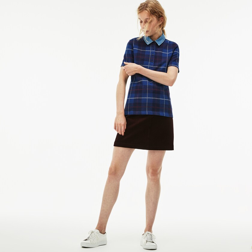 Women's Lacoste Navy Blue / Blue Polo Shirts Tartan Check Cotton Jacquard MQ8-98269G8