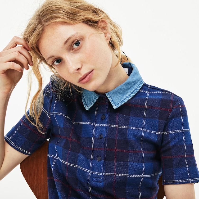 Women's Lacoste Navy Blue / Blue Polo Shirts Tartan Check Cotton Jacquard MQ8-98269G8
