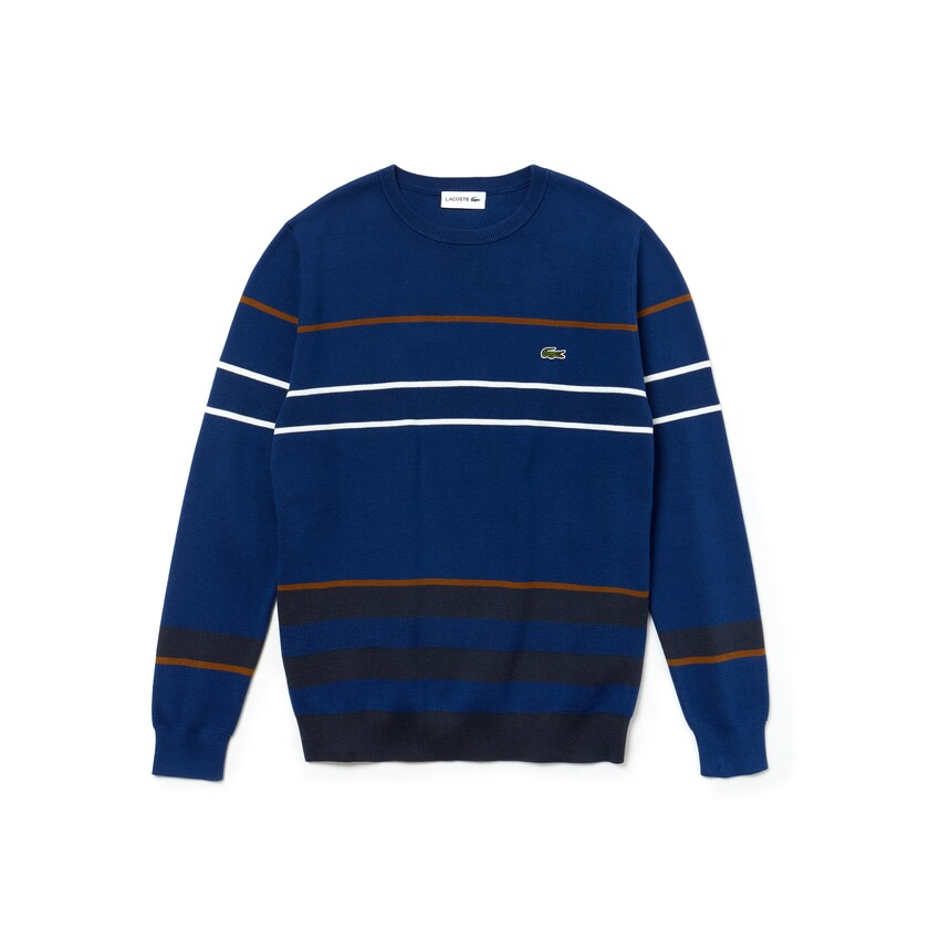Men's Lacoste Navy Blue / Blue / Brown / White Sweaters Crew Neck Multicolor Striped Milano Cotton ZF1-98729Z6