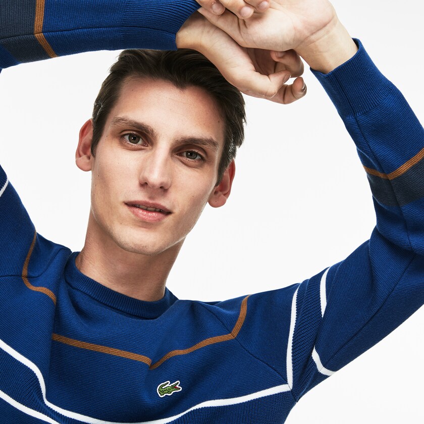 Men's Lacoste Navy Blue / Blue / Brown / White Sweaters Crew Neck Multicolor Striped Milano Cotton ZF1-98729Z6