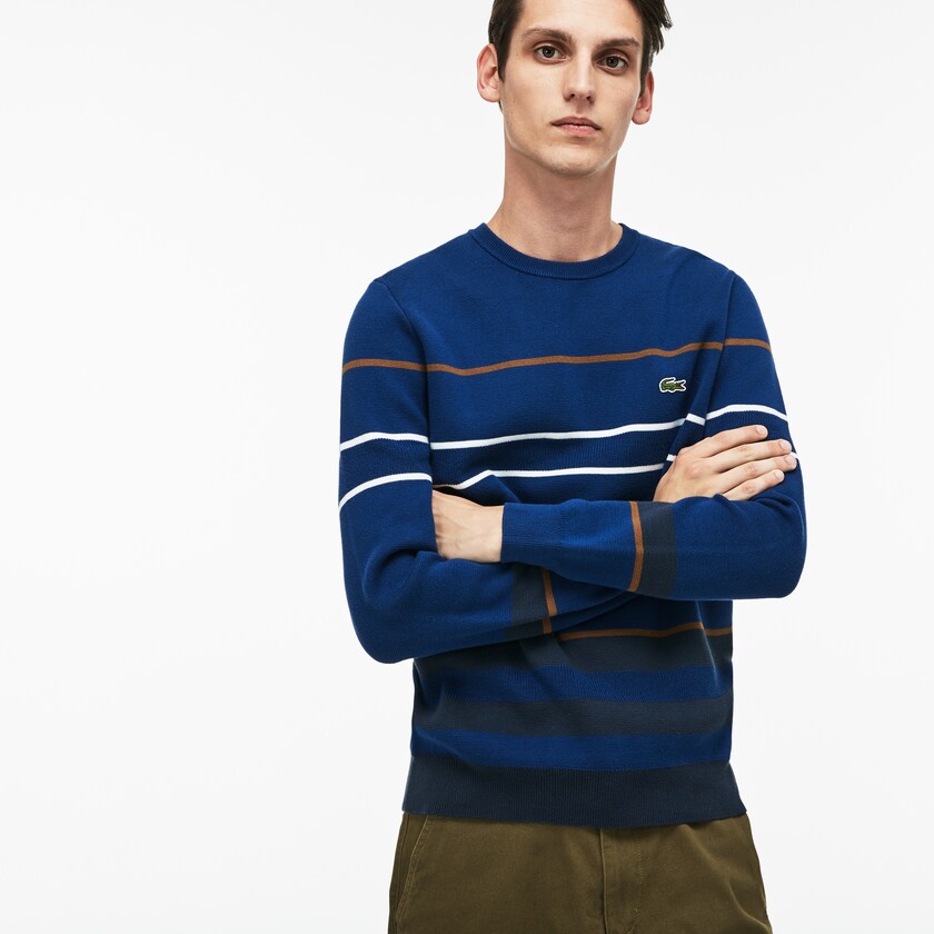 Men's Lacoste Navy Blue / Blue / Brown / White Sweaters Crew Neck Multicolor Striped Milano Cotton ZF1-98729Z6